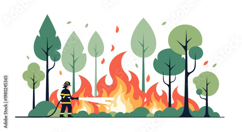 A firefighter in protective gear extinguishes a large forest fire with a hose, surrounded by trees and flames.