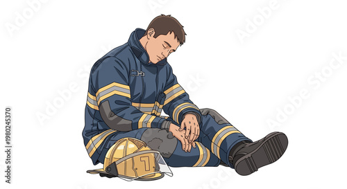 An illustration of a tired male firefighter in uniform sitting on the ground with his helmet beside him, appearing exhausted after a long shift.