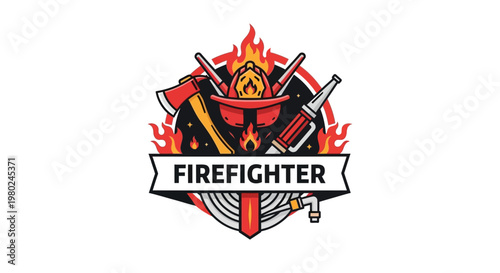 Vibrant firefighter emblem with helmet, axe, hose, and flames, featuring a banner that reads 'FIREFIGHTER' in a bold, illustrative style.