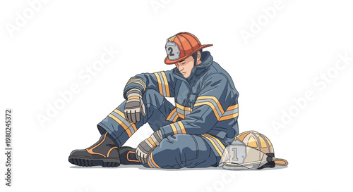 Illustration of a tired male firefighter sitting on the ground with his helmet beside him, looking exhausted after a long shift.