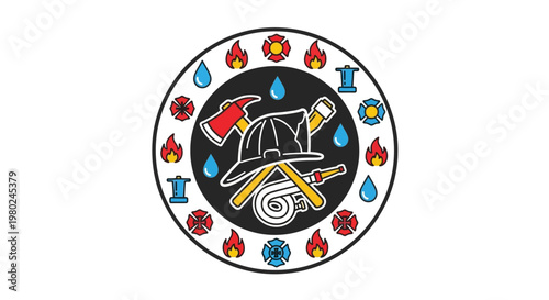 Circular firefighter emblem with helmet, axe, hose, nozzle, water droplets, and various fire department symbols in a vibrant design.