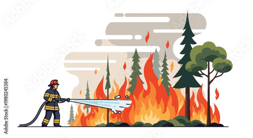 Firefighter battling a large forest fire with a hose, surrounded by burning trees and smoke in a natural landscape.
