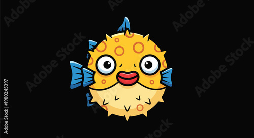 Pixel Art Cute Yellow Puffer Fish With Blue Fins On Black Background