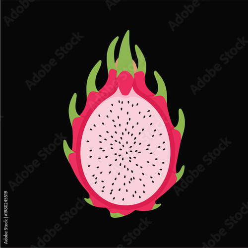 Pixel Art Dragon Fruit Halved Isolated On Black Background Design