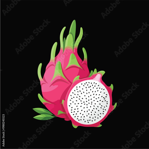 Pixel Art Dragon Fruit Whole And Half Isolated On Black Background