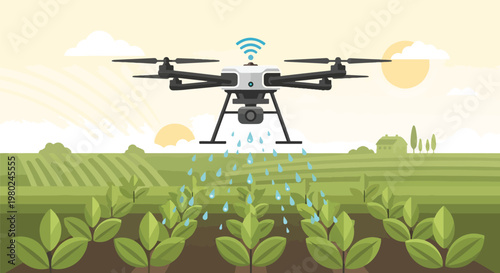 Pixel Art Drone Spraying Water Over Green Agricultural Field Vector