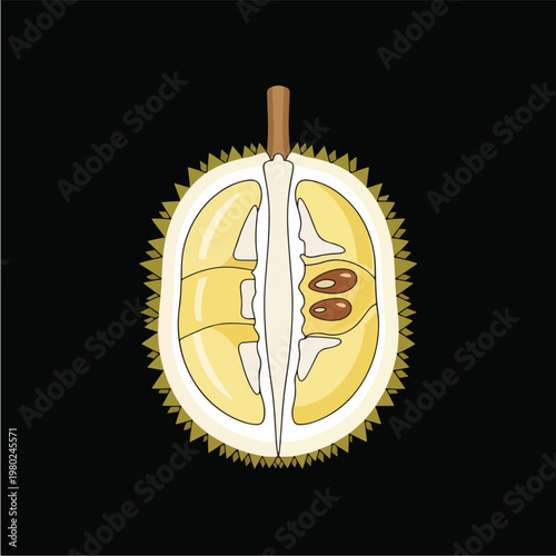 Pixel Art Durian Half Illustration With Yellow Flesh On Black Background