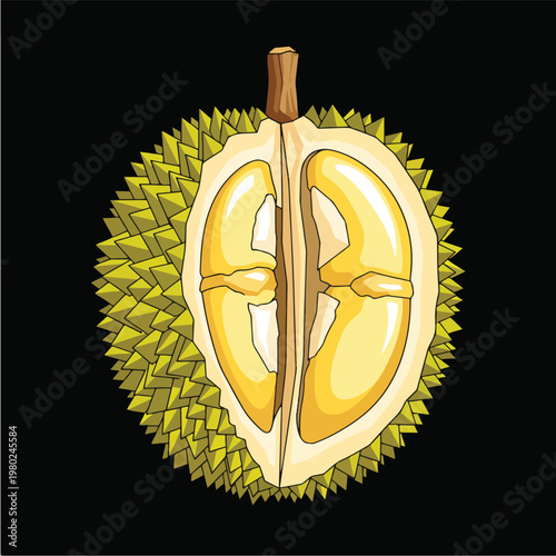 Pixel Art Durian Half Illustration With Yellow Flesh On Black Background