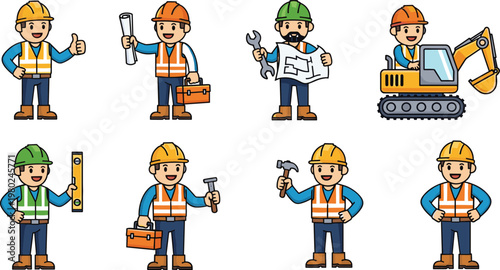 Construction Worker Character Set with Builder Icons Tools Engineer Helmet Safety Vest and Excavator Equipment Cartoon Style