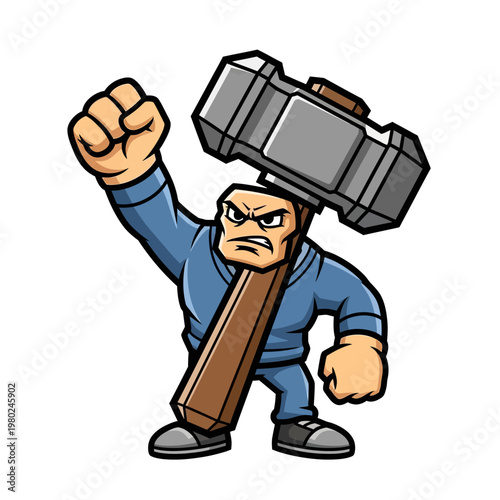 Strong man cartoon character with a large hammer.