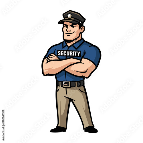 Strong security guard in uniform with arms crossed, confident and vigilant.