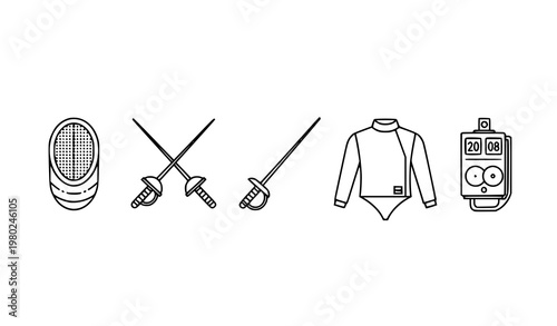 Title:
Fencing sport outline icons set with swords mask and equipment in simple line vector style for web design