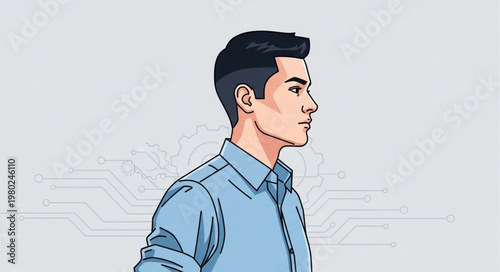 Profile Illustration Of Young Man In Blue Shirt.
