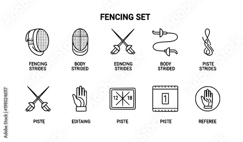 Title:
Fencing sport line icons collection with helmet swords and gear in editable stroke vector style for app and web use