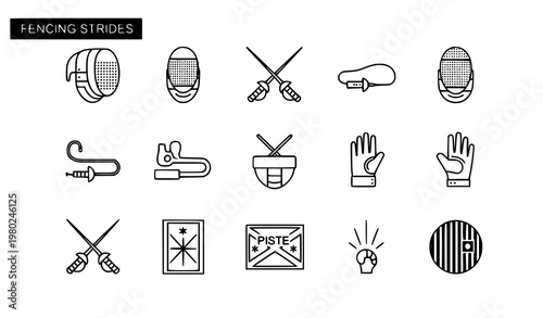 Title:
Simple fencing sport icons set with foil sabre mask and athlete symbols in minimal outline vector style for web design