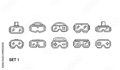 Title:
3D game goggles outline icons set with virtual reality headset symbols in simple line vector style for web and gaming UI