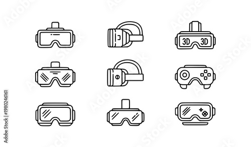 Title:
3D game goggles glyph icons set with virtual reality headset symbols in bold solid vector style for app interface design