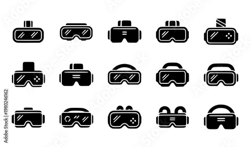 Title:
Simple 3D game goggles icons set with virtual reality headset designs in editable stroke line vector style for web and mobile