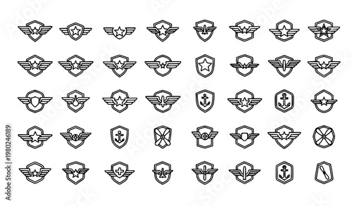Title:
Flight pilot army badge logo icons set with aviation wings shields and insignia in simple outline vector style for web design