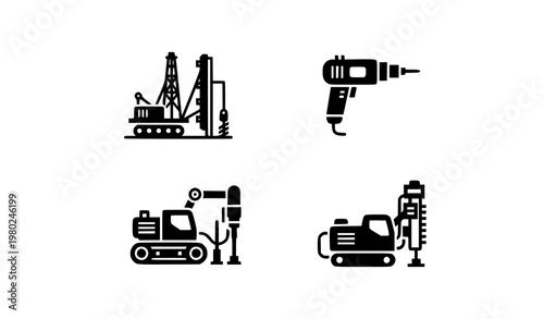 Title:
Simple electric drilling machine rig line icons set with editable stroke industrial drill equipment for web and mobile design