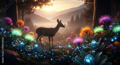 A serene deer stands in a vibrant meadow filled with colorful flowers and glowing plants at sunset