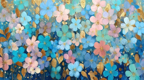 Colorful flowers with gold accents covering the canvas in a lively floral design full of shapes and shades