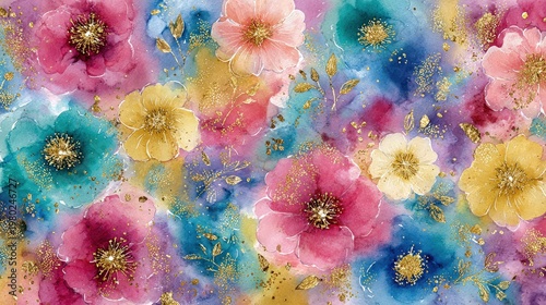 Bright flowers with gold accents in a colorful pattern on a blue and pink background in a garden scene during springtime