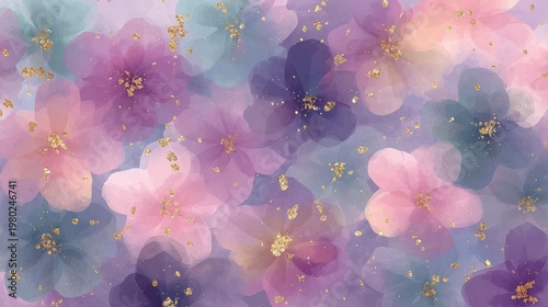 Colorful flowers with gold accents spread across a soft background in a creative art piece suitable for decoration