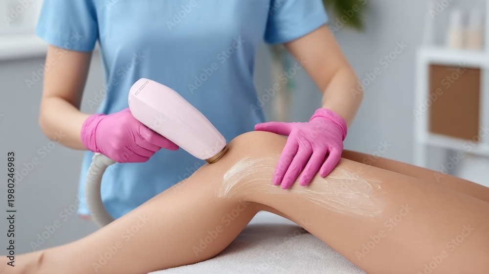 Fototapeta premium Woman in Blue Shirt Performing Laser Hair Removal Treatment on Skin with Pink Gloves