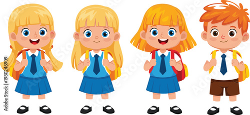 Cute school children characters with backpacks wearing uniforms cartoon vector illustration collection for education and back to school concept