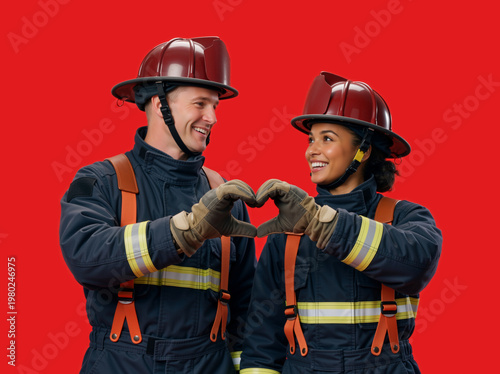 Smiling male and female firefighters making a heart shape with their hands. Couple in protective uniform and red helmets looking at each other on a red background