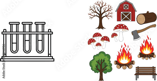 Laboratory test tubes and forest campfire nature elements including trees mushrooms axe barn and bench cartoon vector illustration collection