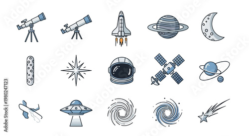 Space icons and astronomy symbols.