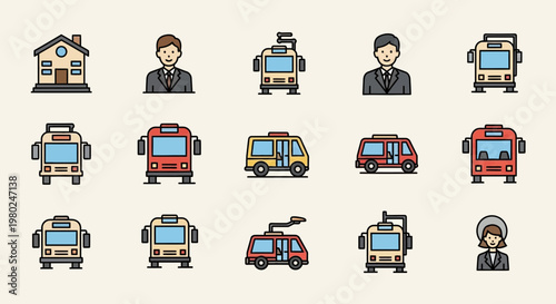 Transportation icons with people and buildings.