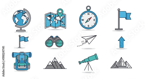 Travel icons for adventure and exploration.