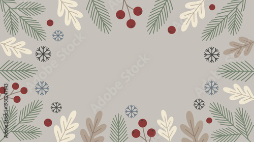 Flat minimalist winter holiday frame border with pine branches berries snowflakes and oak leaves on gray background, ideal for seasonal greeting card corporate newsletter and social media post
