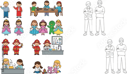 Children activities characters including princess firefighters scientists and chefs with worker outline figures cartoon vector illustration collection