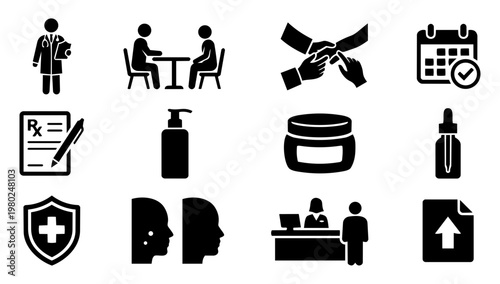 Dermatology Clinic Service Icons Set, Skin Care Medical Practice Silhouettes, Doctor Consultation Patient Journey Vector