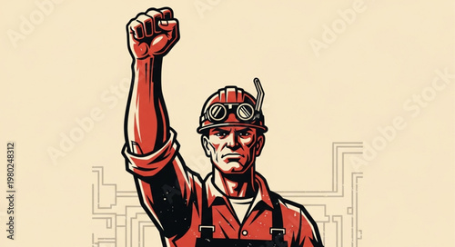 Industrial Worker Raising Fist In Solidarity Pose.