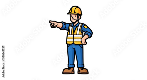 Illustrated construction worker wearing safety vest pointing.