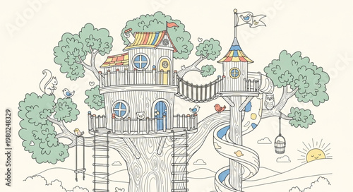 Illustrated whimsical treehouse castle playhouse for children.