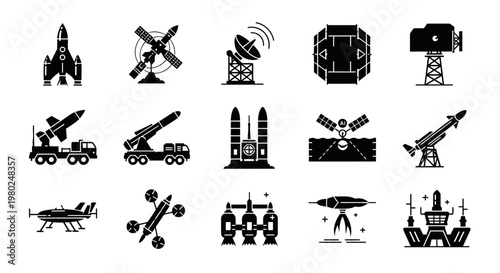 Set of 15 different black silhouette icons illustrating modern defense and aerospace technology concepts. Features radar systems, launch platforms, AI modules, and futuristic propulsion designs.