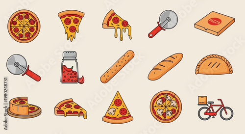 Flat design pizza food icons collection.