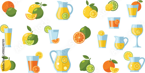 Citrus Fruit and Juice Vector Set with Lemon Orange Lime Glasses Pitcher and Fresh Summer Beverage Elements Collection