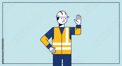 Construction worker wearing safety vest raising stop hand.