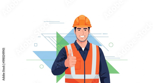 Construction worker wearing safety vest and hardhat.