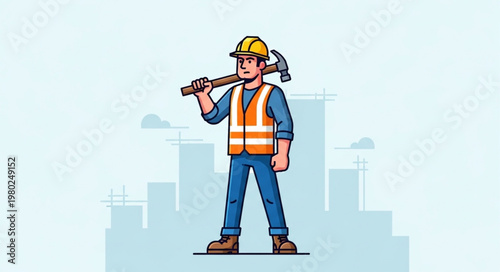 Construction worker with hammer wearing safety gear.