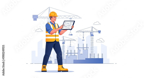 Construction worker wearing safety gear using tablet on site.