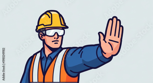 Construction Worker Wearing Safety Gear Signaling Stop With Hand.