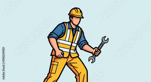 Construction worker with wrench wearing safety gear.